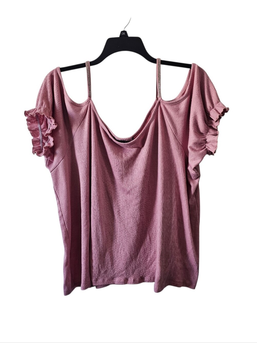 Louise Paris 2X Cold Shoulder Top Rhinestone Strap Ruffle Sleeve Mauve Pink